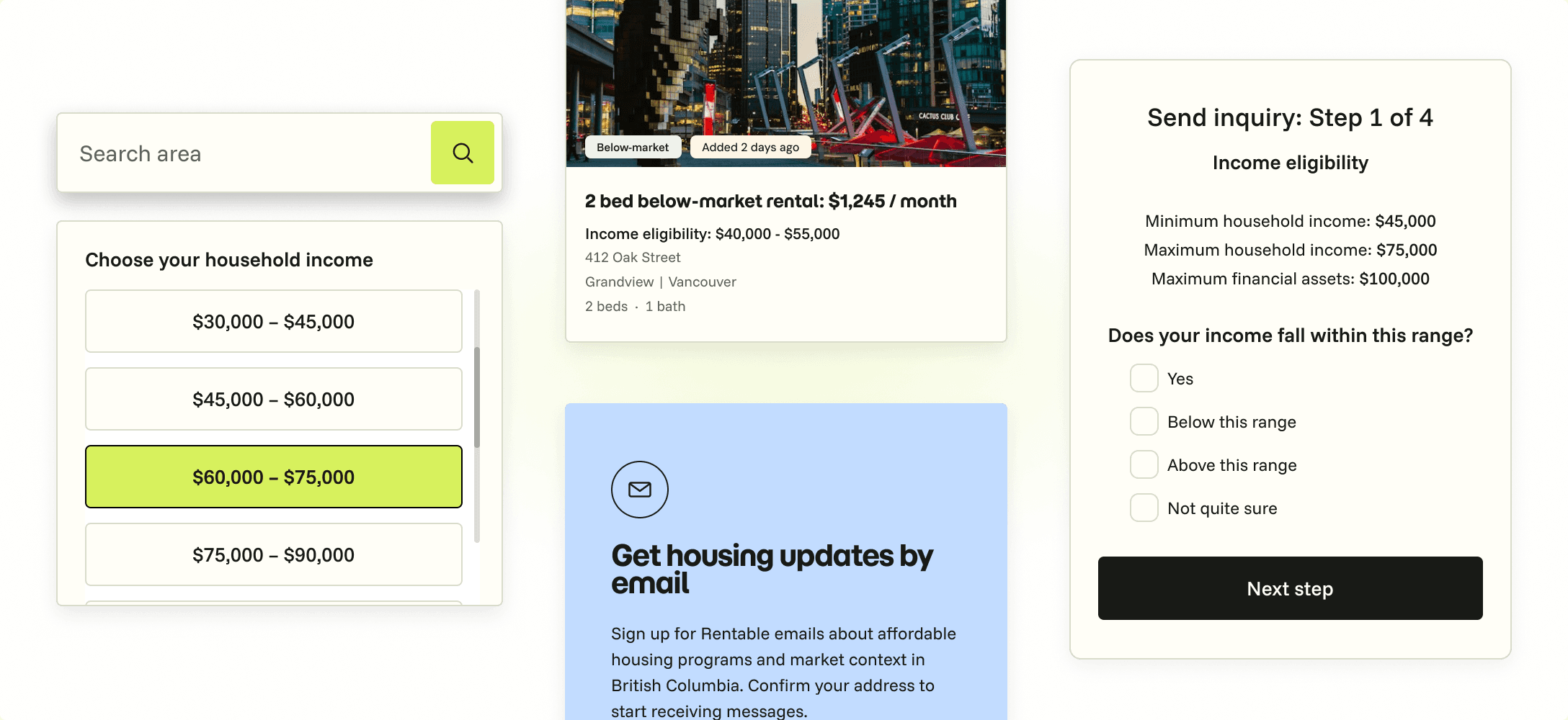 Illustration of Rentable search, a listing, an income range, and an eligibility question.